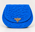 Royal blue chenille clutch bag with gold-tone bee clasp