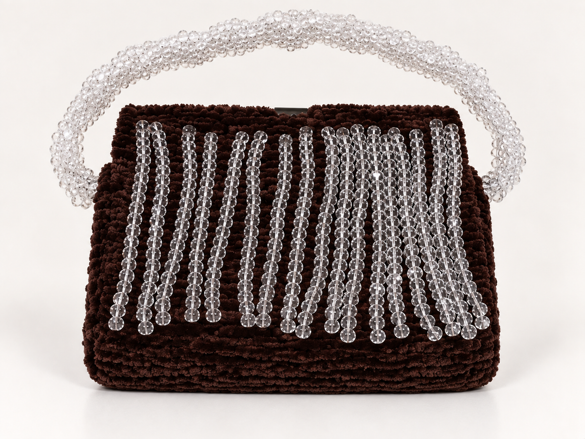 Chocolate brown chenille handbag with clear beaded handle and hanging clear bead fringe
