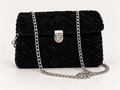 Black chenille shoulder bag with silver chain strap and silver-tone clasp
