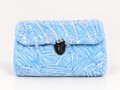 Baby blue chenille clutch with clear bead fringe and dark clasp