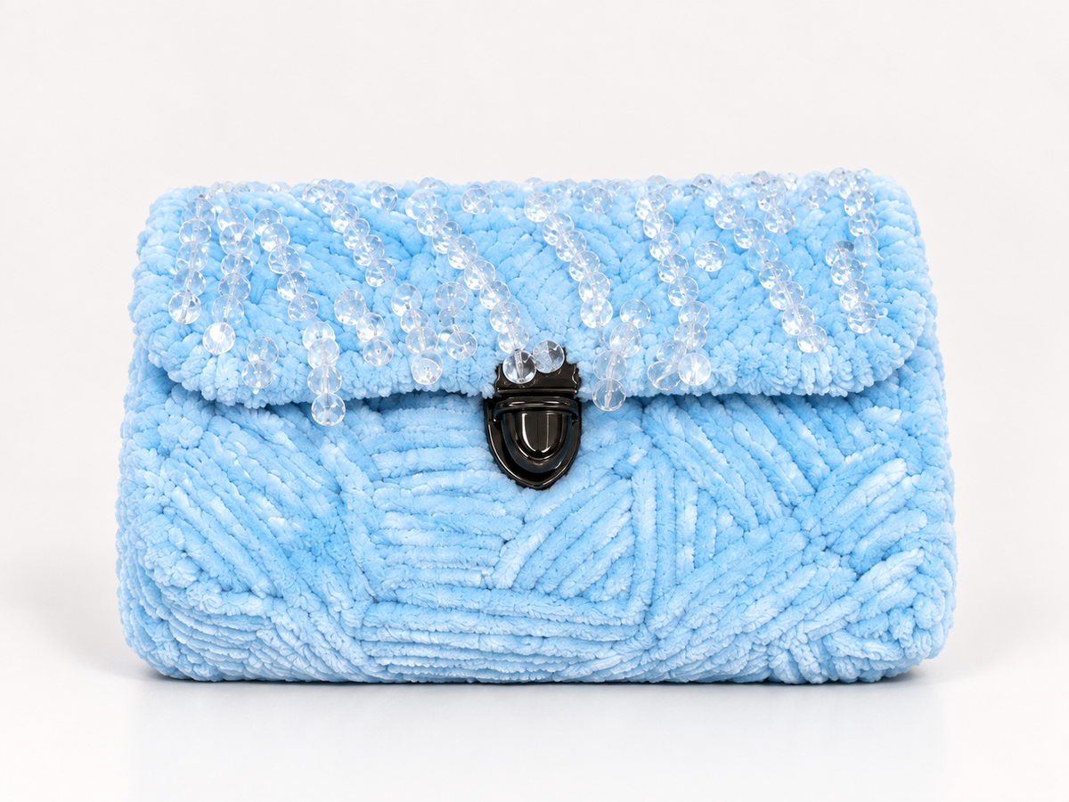 Baby blue chenille clutch with clear bead fringe and dark clasp